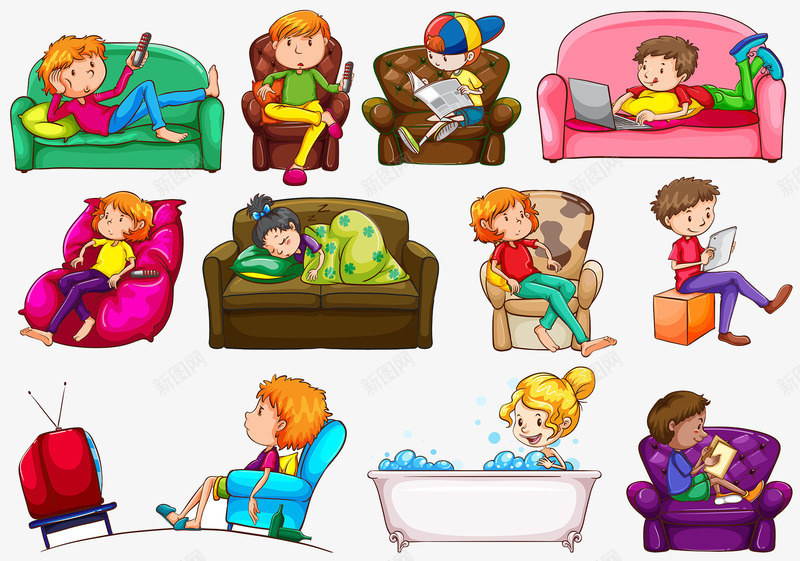 居家休息悠闲状态png免抠素材_88icon https://88icon.com AE 休息 儿童插画 卡通 手绘 放假 水彩 沙发 泡泡浴 百科全书插画 看电视 矢量文件
