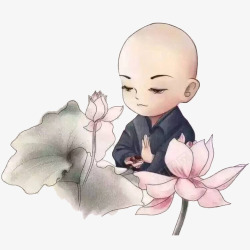 卡通荷花中国风手绘水墨小和尚和莲花高清图片