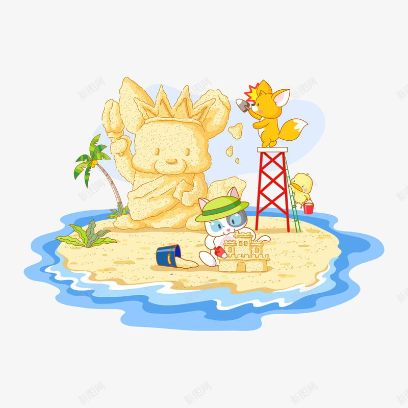 动物插画矢量图ai免抠素材_88icon https://88icon.com 可爱 沙滩 猫咪 矢量图