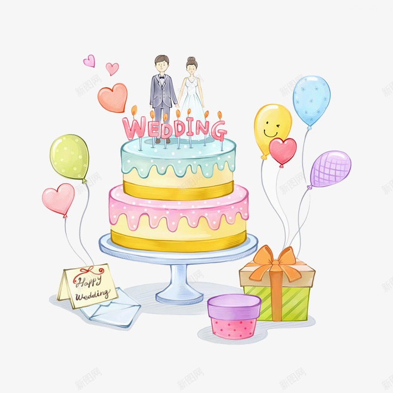 结婚蛋糕插画png免抠素材_88icon https://88icon.com 双层蛋糕 周年纪念 婚姻 情侣 气球 礼物 花