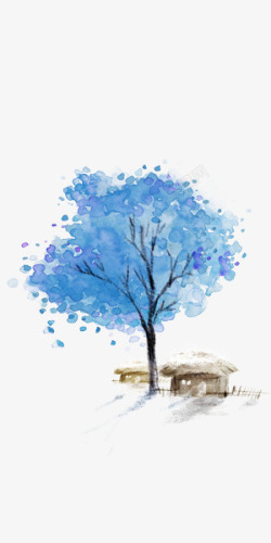 蓝色冬季树房屋水墨风素材