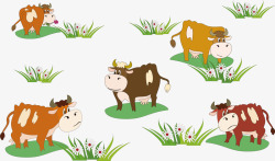 卡通草地上吃草的奶牛素材