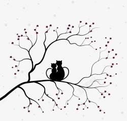 卡通猫咪枯树剪影背景装饰素材