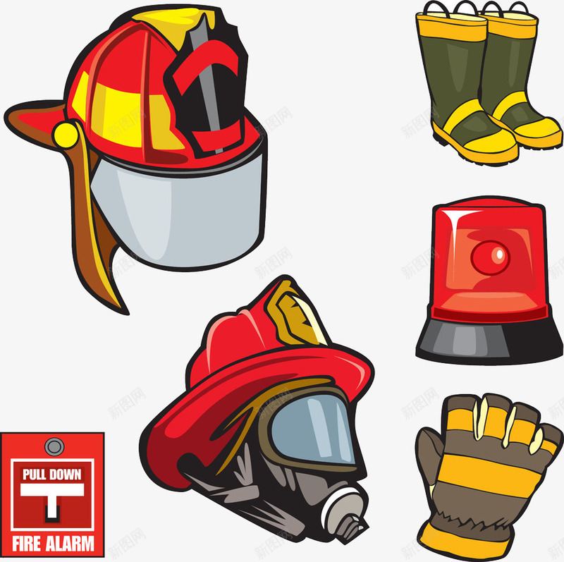 卡通消防工具png免抠素材_88icon https://88icon.com 卡通 工具 帽子 手套 报警灯 消防 面具 靴子