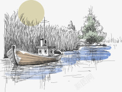 铅笔素描小船和风景素材