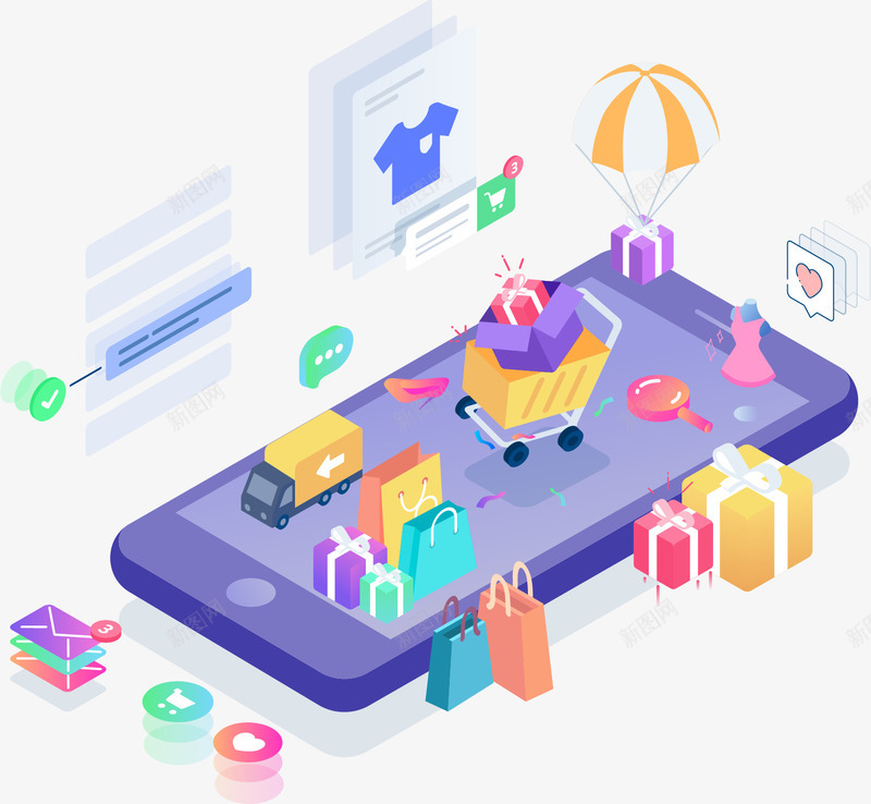 时尚简洁网上购物金融25D矢矢量图ai免抠素材_88icon https://88icon.com APP 信息 对话框 小货车 手提袋 时尚简洁网上购物金融25D矢量插画免费下载 智能手机 礼品 糖果 购物车 矢量图