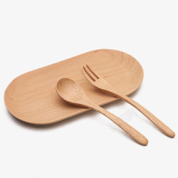 勺子叉子卡通实木餐具盘子高清图片