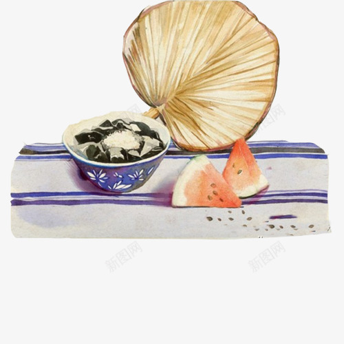 夏季食物手绘画片psd免抠素材_88icon https://88icon.com 桌布 皮蛋瘦肉粥 色彩画 蒲扇 西瓜