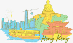 手绘涂鸦香港旅游景点素材