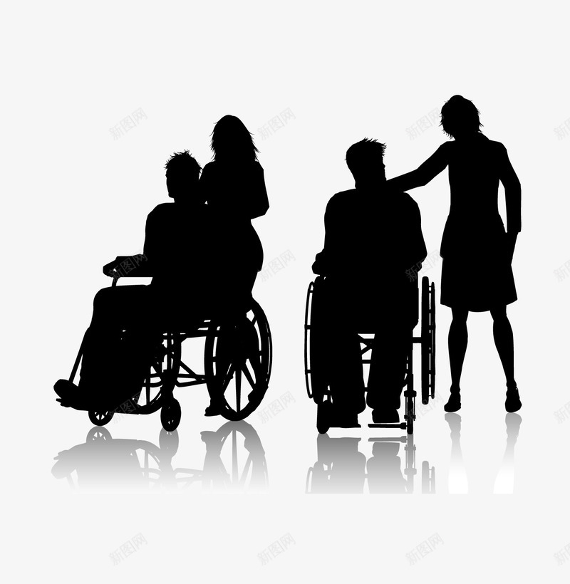 坐轮椅的人物与护理者剪影矢量图ai免抠素材_88icon https://88icon.com 人物剪影 护理者 背景装饰 轮椅上的人物 黑色 矢量图