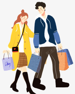 购物扁平人物插画素材手绘逛街购物情侣插画高清图片