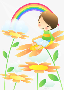 坐在云朵坐在花朵上的卡通儿童高清图片