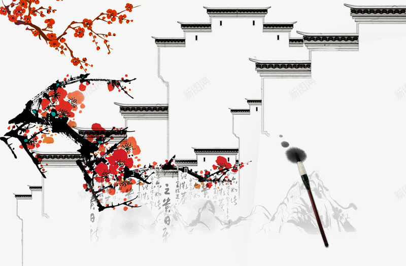 中式文艺png免抠素材_88icon https://88icon.com 中国风 墙 工笔画 文艺素材 晕染 梅花 梅花素材 毛笔 水墨画 装饰素材