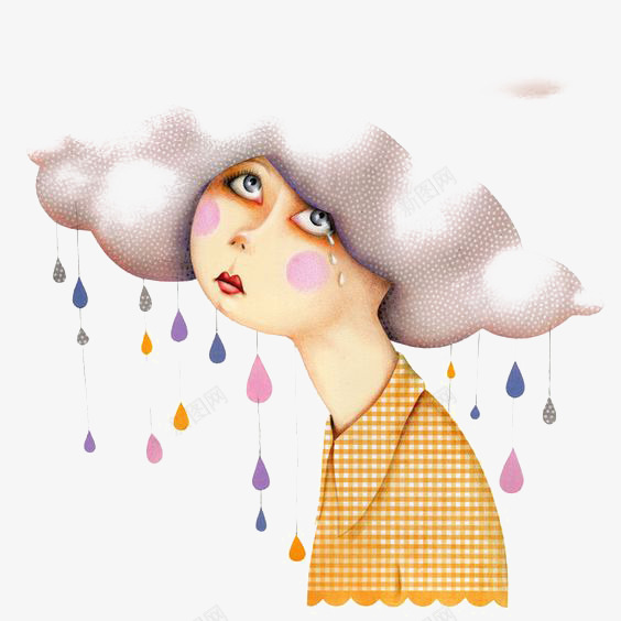 云朵png免抠素材_88icon https://88icon.com 乌云 云彩 创意插画 头顶的乌云 女孩 女生 彩色雨滴