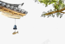 松树主题插画手绘古建筑屋檐高清图片