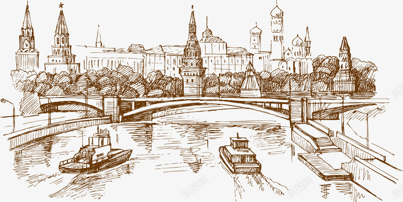 手绘欧式城市png免抠素材_88icon https://88icon.com 城市 建筑 手绘 欧式 河流 美景 船只 装饰