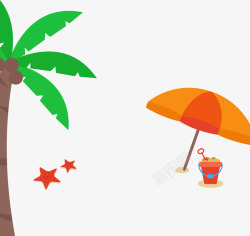 手绘夏日沙滩海星椰子树太阳伞素材