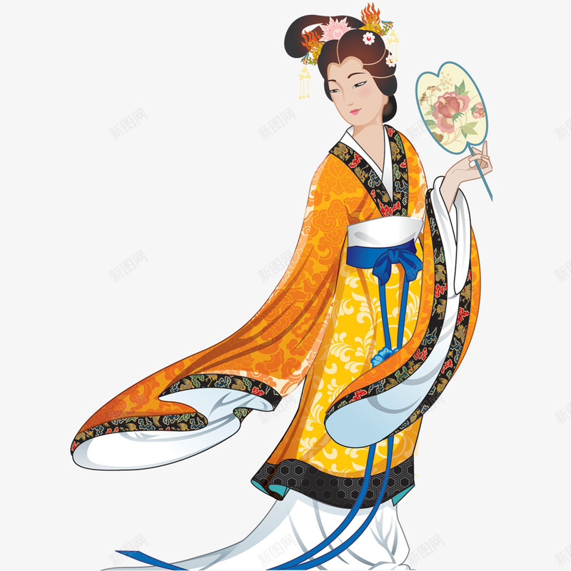 古代美女图png免抠素材_88icon https://88icon.com 仕女 古代美女图 扇子 黄色