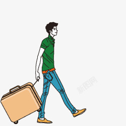 手绘插画男人拖着行李箱素材