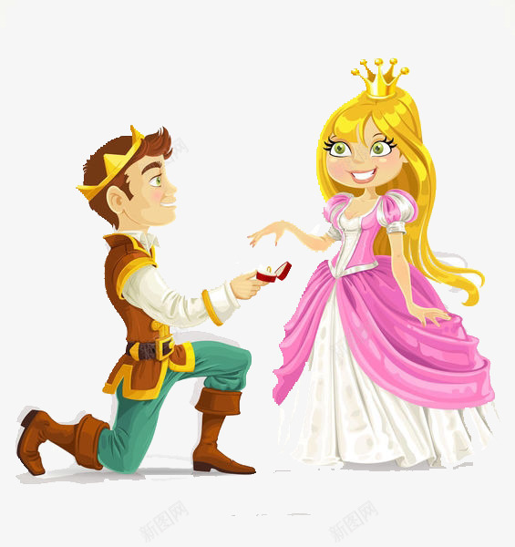 卡通求婚的王子png免抠素材_88icon https://88icon.com 卡通 求婚的王子 皇冠 粉色的裙子 美丽的新娘 跪下的王子