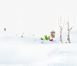 雪地指示牌素材树下滚雪球高清图片