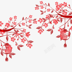 桃花与灯笼手绘中国风灯笼高清图片