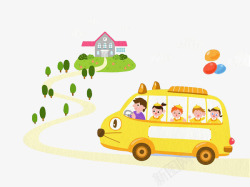 开心的孩子儿童坐校车去学校高清图片