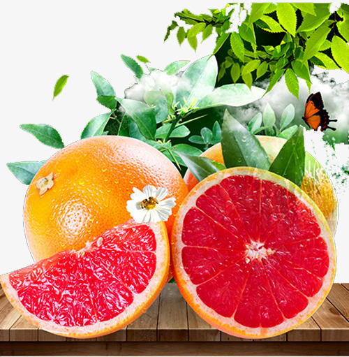 红肉柚子海报png免抠素材_88icon https://88icon.com 切面 柚子 柚子树叶 树叶 红心西柚 红肉柚子 花朵 蝴蝶