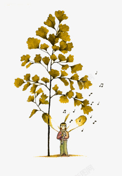 卡通手绘银杏树音乐符号素材