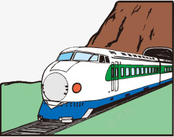 手绘行驶中的列车卡通手绘行驶中火车高铁高山隧道高清图片