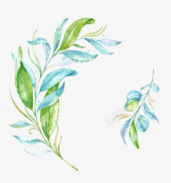 蓝绿色手绘水彩柳条枝素材