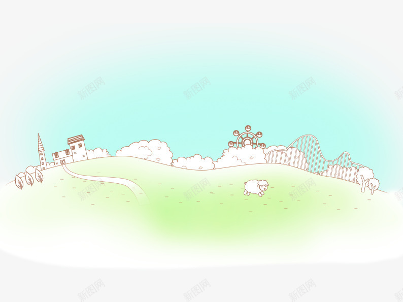 手绘草地上的小羊psd免抠素材_88icon https://88icon.com 创意 卡通 卡通建筑 学校 幼儿园 房子 手绘 树 水彩山羊 线描 羊 背景图案 草地