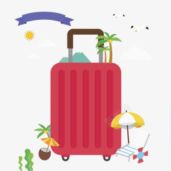 旅行箱插画沙滩旁的玫红色的旅行箱高清图片