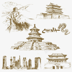 东方风格手绘古典风格中国著名建筑插画矢高清图片