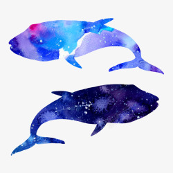 水彩鲸鱼蓝色鲸鱼两头高清图片