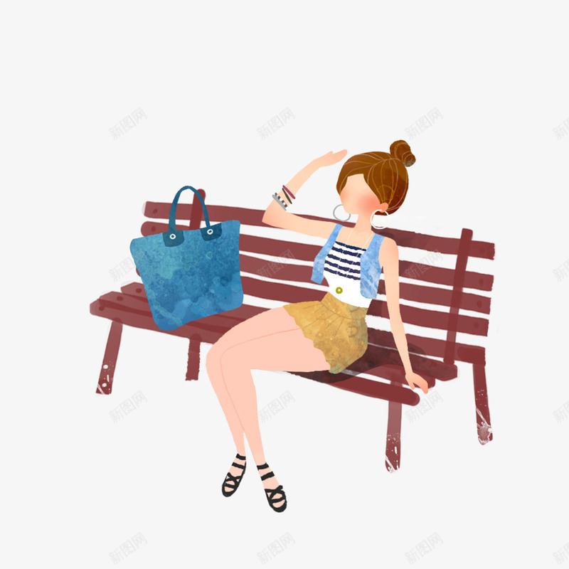 长椅上的女孩png免抠素材_88icon https://88icon.com 包包 卡通 女孩 手绘 木质 棕色的 蓝色的 长椅
