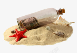 沙滩上的漂流瓶和贝壳海星等素材