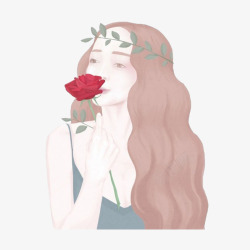 手绘拿玫瑰花的美女素材