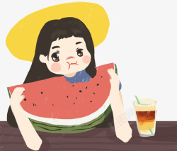 吃西瓜插图手绘插画夏至吃西瓜的小女孩插图高清图片