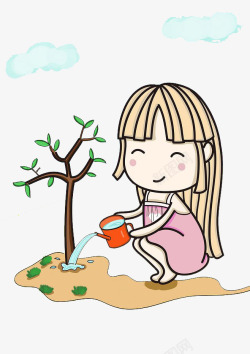 正在给小树浇水的小女孩素材