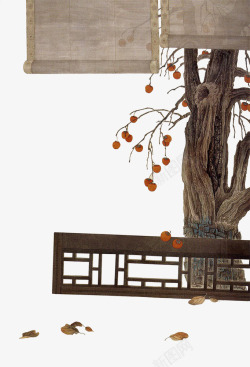 中国风树下庭院古风手绘背景素材
