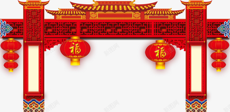 古典门槛psd免抠素材_88icon https://88icon.com 房子 新年素材 柱子 灯笼 祥云 红色