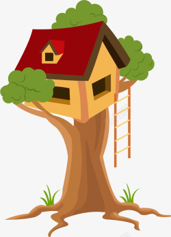 红色屋顶卡通风格木质树屋素材