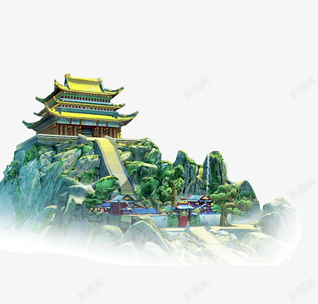 山顶上的古建筑png免抠素材_88icon https://88icon.com 古建筑 山顶 房子 松树 楼梯