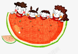 吃西瓜的小孩插画夏天手绘装饰插图夏天吃西瓜的一家人高清图片