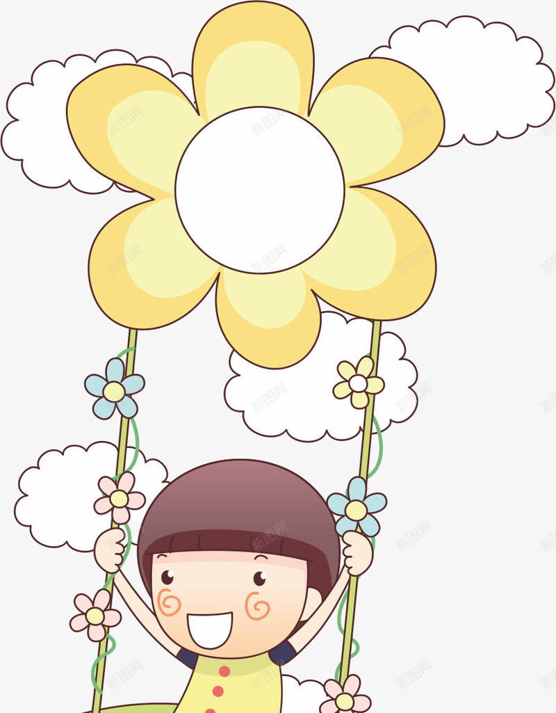 乘坐树叶秋千的孩子png免抠素材_88icon https://88icon.com 卡通 坐秋千 小孩 白云 花藤 花藤秋千