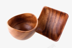 深棕色容器弯曲口木制碗和碟子实素材