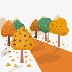 卡通秋季树木道路风景矢量图素材