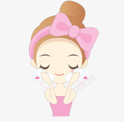 粉色少女风卡通正在洗脸的女孩高清图片