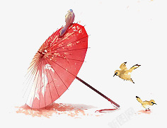 红伞手绘唯美红伞金鸟插画高清图片